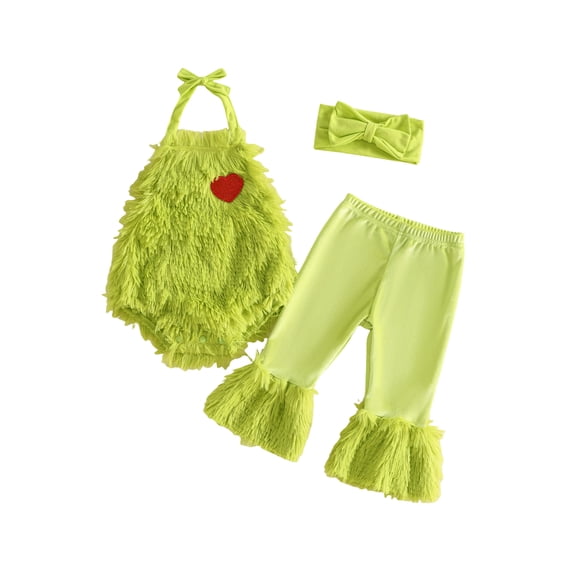 Cjfdfy Toddler Baby Girl Christmas Costume Plush Red Heart Sleeveless Romper And Fringe Pants Headband 3 Pieces Set Little Baby Cute First Christmas Costume Fall Winter Set 0-3Y