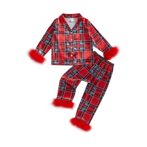 Cjfdfy Toddler Baby Girl Christmas Day Silk Stain Pajamas Set Kids Girl PJS Set Sleepwear Spring Fall Winter Clothes Santa Claus Long Sleeve Button Down Shirt with Long Pants Set Loungewear 1-15Y