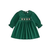 Cjfdfy Toddler Baby Girl Christmas Dress Embroidery Corduroy Smocked Collar Long Sleeve a-line Dresses Little Baby Cute My First Christmas Fall Winter Outfits 6M-4Y