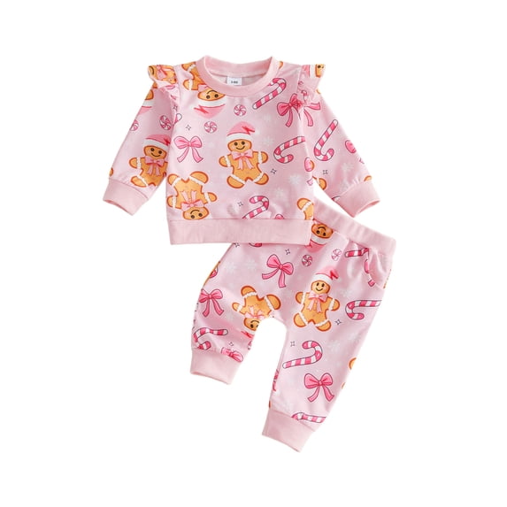 Cjfdfy Toddler Baby Girl Christmas Outfits Gingerbread Man Print Long Sleeve Ruffle Sweatshirt And Pants Infant Cute My Christmas Fall Winter Outfit 0-3Y
