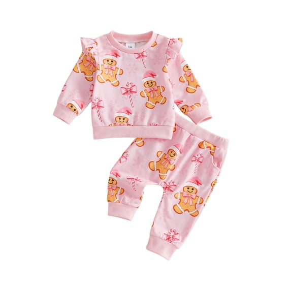 Cjfdfy Toddler Baby Girl Christmas Outfits Gingerbread Man Print Long Sleeve Ruffle Sweatshirt And Pants Infant Cute My Christmas Fall Winter Outfit 0-3Y