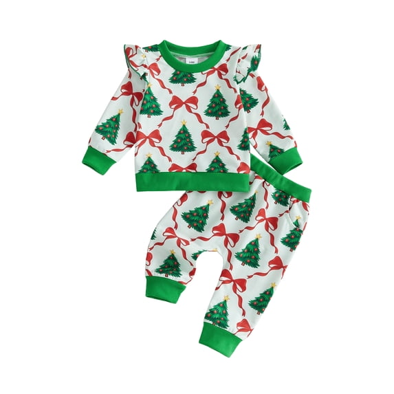 Cjfdfy Toddler Baby Girl Christmas Outfits Santa Christmas Tree Print Long Sleeve Ruffle Sweatshirt And Pants Infant Cute My Christmas Fall Winter Outfit 0-3Y