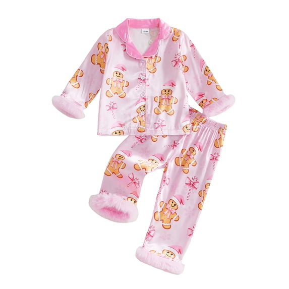 Cjfdfy Toddler Baby Girl Christmas Satin Pajamas Set Gingerbread Man Print Long Sleeve Fuzzy Trim Button Up Tops And Pants Kids Girl Cute My First Christmas Loungewear 1-7Y