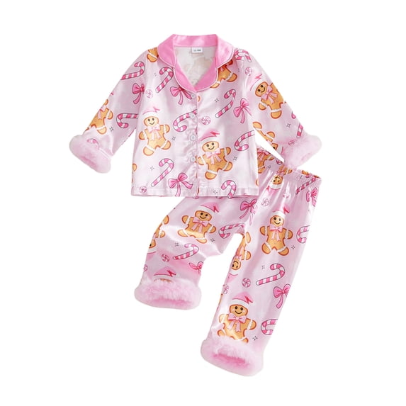 Cjfdfy Toddler Baby Girl Christmas Satin Pajamas Set Gingerbread Man Print Long Sleeve Fuzzy Trim Button Up Tops And Pants Kids Girl Cute My First Christmas Loungewear 1-7Y