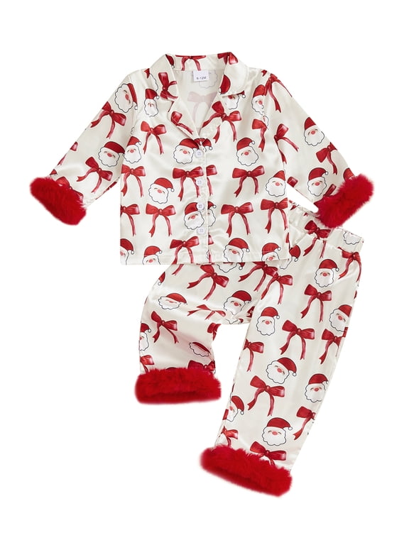 Toddler Baby Girl Christmas Silk Stain Pajamas Set Kids Girls PJS Set Sleepwear Fall Winter Clothes Pumpkin Bow Print Long Sleeve Button Down Shirt with Long Pants Set Loungewear 1-8Y