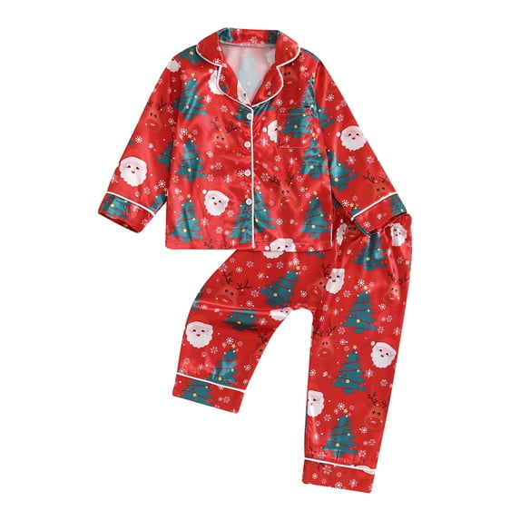 Cjfdfy Toddler Baby Girl Boy Christmas Silk Stain Pajamas Set Kids Girls PJS Set Sleepwear Fall Winter Clothes Santa Tree Bow Print Long Sleeve Button Down Shirt with Long Pants Set Loungewear 1-5Y