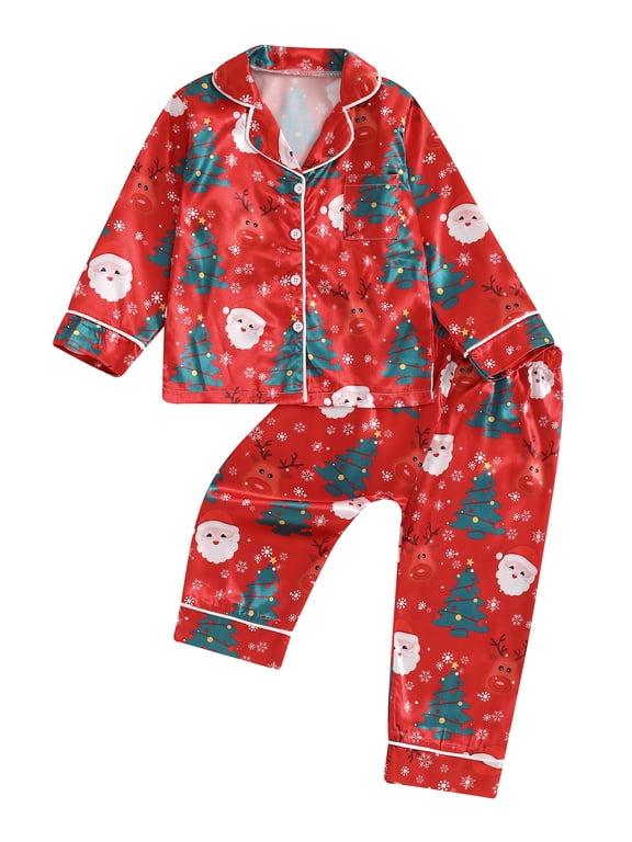 Toddler Baby Girl Boy Christmas Silk Stain Pajamas Set Kids Girls PJS Set Sleepwear Fall Winter Clothes Santa Tree Bow Print Long Sleeve Button Down Shirt with Long Pants Set Loungewear 1-5Y