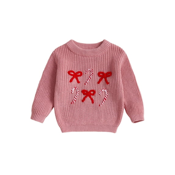 Cjfdfy Toddler Baby Girl Christmas Sweaters Bow Candy Cane Embroidery Knitwear Long Sleeve Crewneck Sweatshirt Toddler Warm Fall Winter Clothes Holiday Clothes 6M-8Y