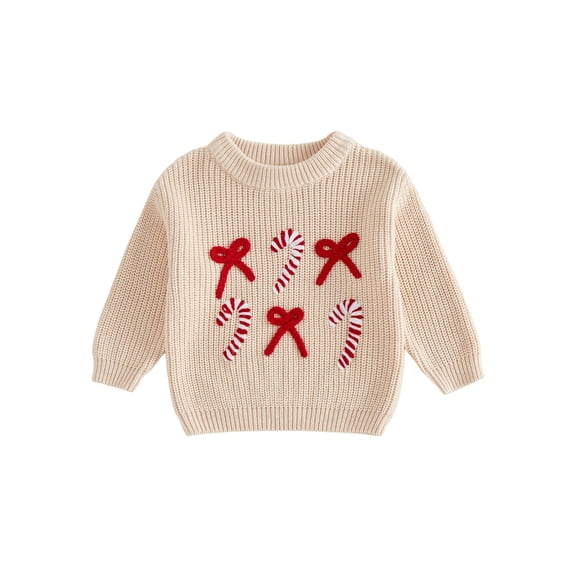 Cjfdfy Toddler Baby Girl Christmas Sweaters Bow Candy Cane Embroidery Knitwear Long Sleeve Crewneck Sweatshirt Toddler Warm Fall Winter Clothes Holiday Clothes 6M-8Y