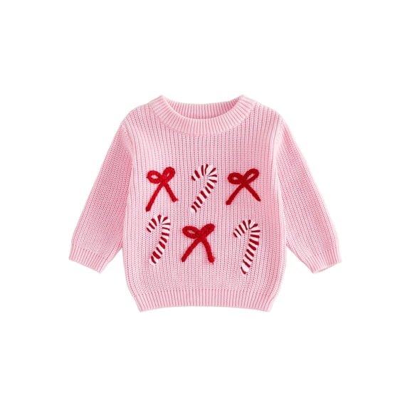 Cjfdfy Toddler Baby Girl Christmas Sweaters Bow Candy Cane Embroidery Knitwear Long Sleeve Crewneck Sweatshirt Toddler Warm Fall Winter Clothes Holiday Clothes 6M-8Y