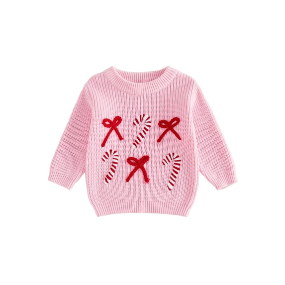 Cjfdfy Toddler Baby Girl Christmas Sweaters Bow Candy Cane Embroidery Knitwear Long Sleeve Crewneck Sweatshirt Toddler Warm Fall Winter Clothes Holiday Clothes 6M-8Y