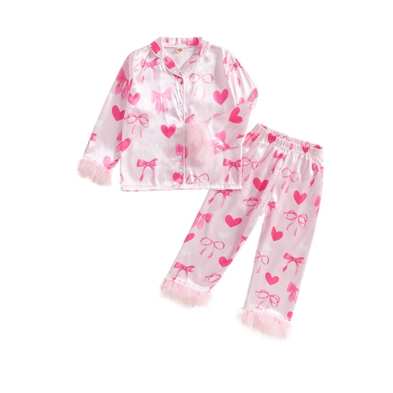 Cjfdfy Toddler Baby Girl Christmas Valentines Day Silk Stain Pajamas Set Kids Girl PJS Sleepwear Spring Fall Winter Clothes Heart Bow Long Sleeve Button Down Shirt Long Pants Set Loungewear 1-15Y
