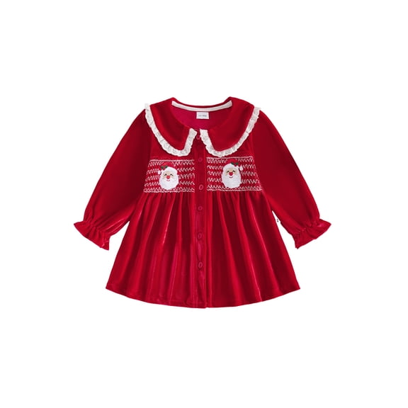 Cjfdfy Toddler Baby Girl Christmas Velvet Dress Clothes Santa Embroidered Smocking Long Sleeve Doll Collar Dress Cute My First Christmas Holiday Party Dress Outfit 1-6Y 