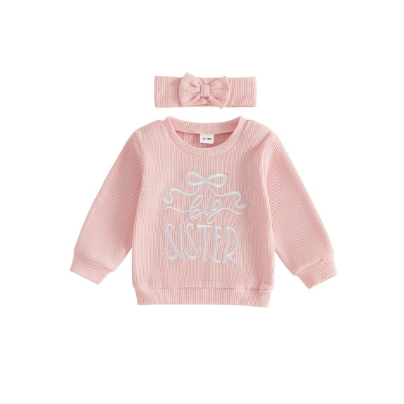 Cjfdfy Toddler Baby Girl Fall Outfit Big Sister Embroidery Long Sleeve Waffle Knit Sweatshirts And Headband Cute Baby Big Sister Fall Winter Clothes 1-5 Years