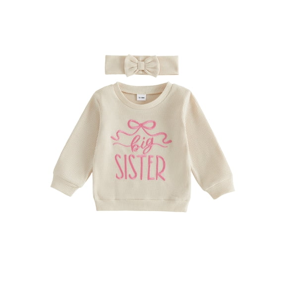 Cjfdfy Toddler Baby Girl Fall Outfit Big Sister Embroidery Long Sleeve Waffle Knit Sweatshirts And Headband Cute Baby Big Sister Fall Winter Clothes 1-5 Years