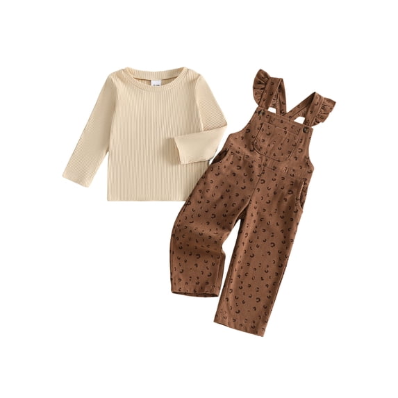 Cjfdfy Toddler Baby Girl Fall Outfits Ribbed Long Sleeve Tops and Print Long Sleeve Jumpsuit Two-piece Set Funny Adjustable Jeans Overalls Pants Set 1-5y