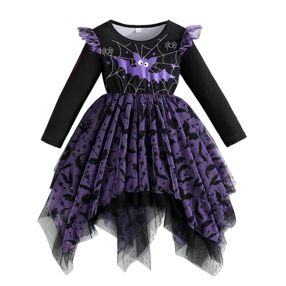 Cjfdfy Toddler Baby Girl Halloween Dress Gothic Outfit Kids Baby Girls Asymmetric Tulle Tutu Dress 9 12 18 Months 2 3 4 5 6 Years Bat Spider Web Print Long Sleeve Ruffled Fall Holiday Party Dress