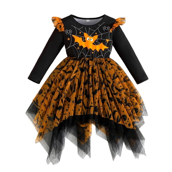 Cjfdfy Toddler Baby Girl Halloween Dress Gothic Outfit Kids Baby Girls Asymmetric Tulle Tutu Dress 9 12 18 Months 2 3 4 5 6 Years Bat Spider Web Print Long Sleeve Ruffled Fall Holiday Party Dress