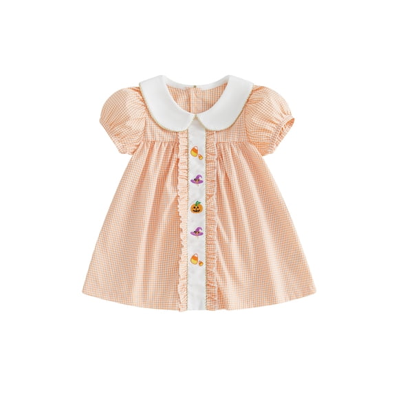 Cjfdfy Toddler Baby Girl Halloween Dress Outfit Infant Baby Girls Summer Fall Clothes Plaid Gingham Dress Short Sleeve Doll Collar Pumpkin Witch Hat Embroidery Ruffled Holiday Party Dress