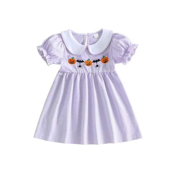 Cjfdfy Toddler Baby Girl Halloween Dress Outfit Infant Baby Girls Summer Fall Dress Clothes 6 12 18 24 Months 2 3 4 Years Pumpkin Bat Embroidery Puff Short Sleeve Doll Collar A Line Striped Dress