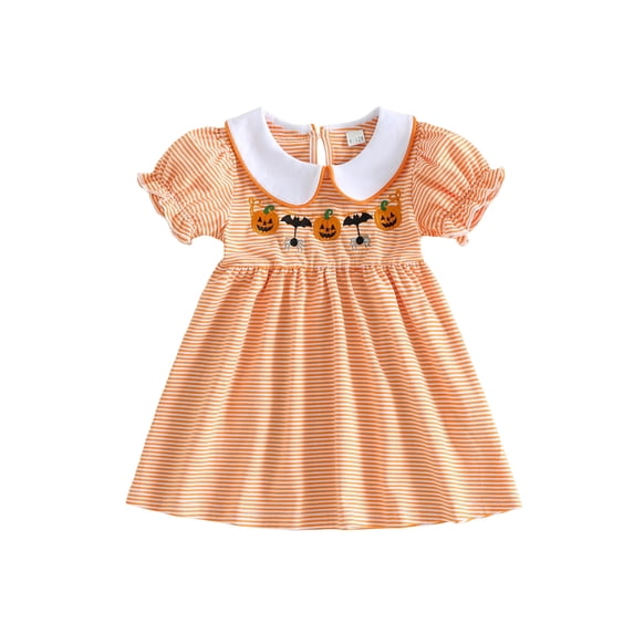 Cjfdfy Toddler Baby Girl Halloween Dress Outfit Infant Baby Girls Summer Fall Dress Clothes 6 12 18 24 Months 2 3 4 Years Pumpkin Bat Embroidery Puff Short Sleeve Doll Collar A Line Striped Dress