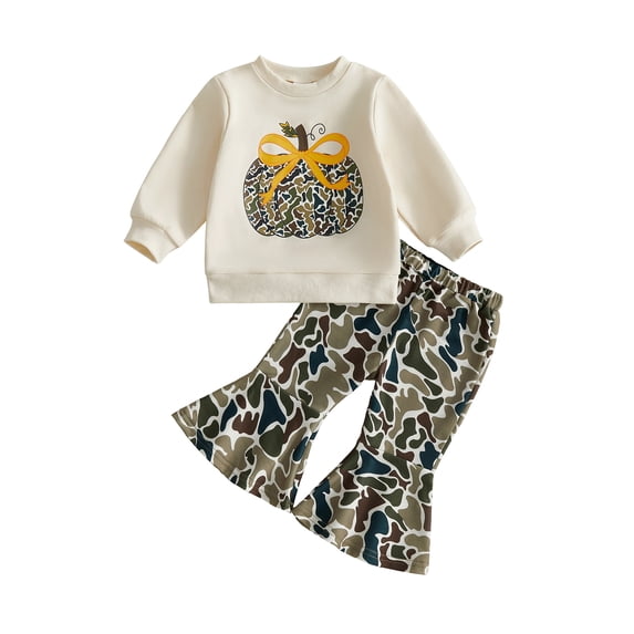 Cjfdfy Toddler Baby Girl Halloween Outfit Camo Pumpkin Print Long Sleeve Pullover Camouflage Flare Pants Little Baby Cute My First Halloween Fall Winter Clothes