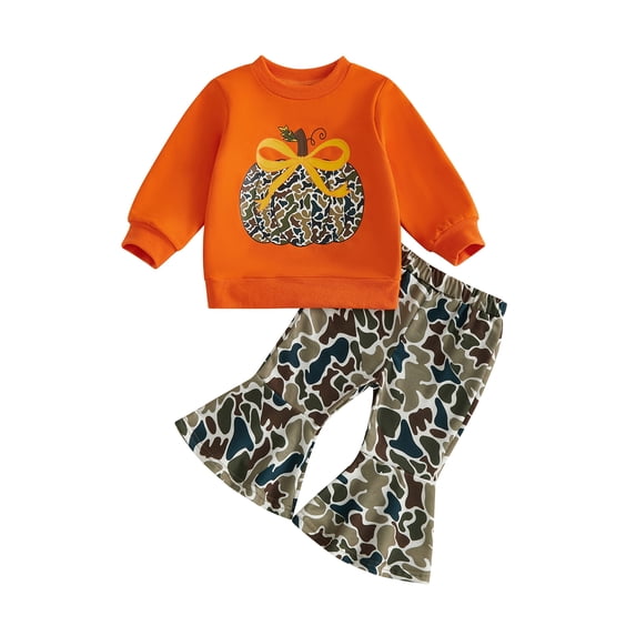 Cjfdfy Toddler Baby Girl Halloween Outfit Camo Pumpkin Print Long Sleeve Pullover Camouflage Flare Pants Little Baby Cute My First Halloween Fall Winter Clothes