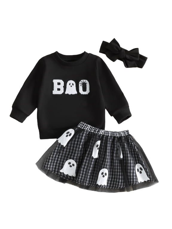 Toddler Baby Girl Halloween Outfit Ghost Print Long Sleeve Sweatshirt Printed Tulle Skirt Bow Headband Littler Girl Cute My First Halloween Dress Party Clothes 6M-4Y