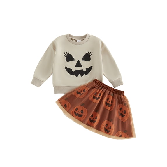 Cjfdfy Toddler Baby Girl Halloween Outfit Kids Baby Girls Fall Winter Clothes 1 2 3 4 5 6 Years Cute Pumpkin Printed Long Sleeve Sweatshirt and Tulle Tutu Skirt 2 Piece Set