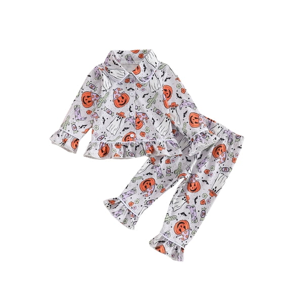 Cjfdfy Toddler Baby Girl Halloween Pajamas Set Kids Girls PJS Set Sleepwear Fall Winter Clothes Pumpkin Ghost Print Long Sleeve Button Down Ruffled Shirt with Long Pants Set Loungewear 1-6Y