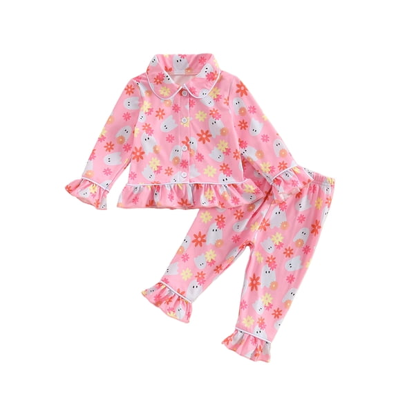 Cjfdfy Toddler Baby Girl Halloween Pajamas Set Kids Girls PJS Set Sleepwear Fall Winter Clothes Pumpkin Ghost Print Long Sleeve Button Down Ruffled Shirt with Long Pants Set Loungewear 1-6Y