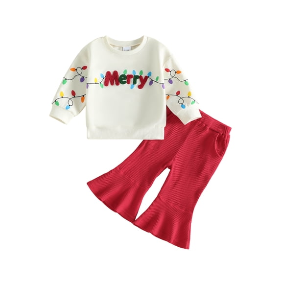 Cjfdfy Toddler Baby Girl Merry Christmas Fall Outfits Merry Embroidery Long Sleeve Sweatshirt and Ribbed Flare Pants Little Baby Cute My First Christmas Fall Winter Outfits 6M-3Y 