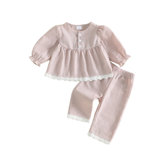 Cjfdfy Toddler Baby Girl Plaid Fall Outfits Lace Trim Long Sleeve Button Plaid Tops Elastic Pants Sets Soft Double Gauze Outfit Little Baby Gingham Fall Winter Outfit 0-3Y