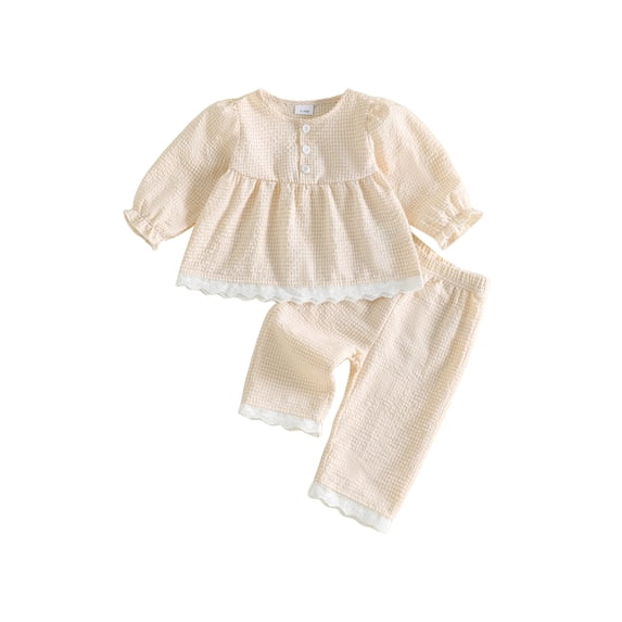 Cjfdfy Toddler Baby Girl Plaid Fall Outfits Lace Trim Long Sleeve Button Plaid Tops Elastic Pants Sets Soft Double Gauze Outfit Little Baby Gingham Fall Winter Outfit 0-3Y