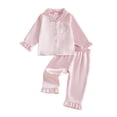 thumbnail image 1 of Cjfdfy Toddler Baby Girl Satin Pajamas Set Solid Color Ruffled Trim Button Down Long Sleeve Tops And Pants Little Baby Cute Soft Satin Loungewear 1-6Y, 1 of 9