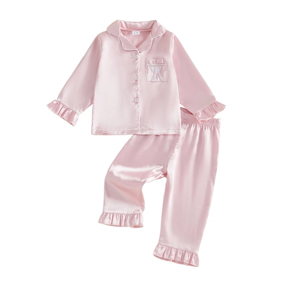 Cjfdfy Toddler Baby Girl Satin Pajamas Set Solid Color Ruffled Trim Button Down Long Sleeve Tops And Pants Little Baby Cute Soft Satin Loungewear 1-6Y