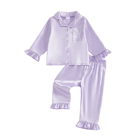 Cjfdfy Toddler Baby Girl Satin Pajamas Set Solid Color Ruffled Trim Button Down Long Sleeve Tops And Pants Little Baby Cute Soft Satin Loungewear 1-6Y