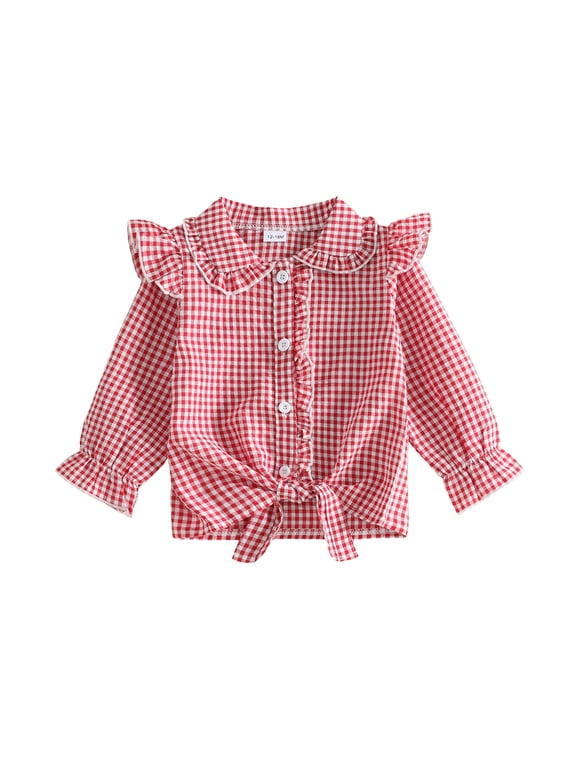Toddler Baby Girl Shirts Outfit Puff Plaid Blouse Long Sleeve Doll Collar Button Front Fall Blouse Cute Kids Baby Western Shirt Tie Knot Fall Clothes 1-5 Years