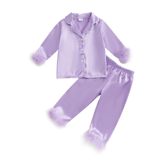 Cjfdfy Toddler Baby Girl Silk Satin Pajamas Set PJS Sleepwear Spring Fall Winter Clothes Fuzzy Trim Long Sleeve Button Down Shirt Tops Long Pants 2 Piece Loungewear Set Homewear