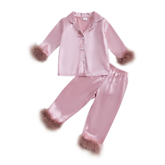 Cjfdfy Toddler Baby Girl Silk Satin Pajamas Set PJS Sleepwear Spring Fall Winter Clothes Fuzzy Trim Long Sleeve Button Down Shirt Tops Long Pants 2 Piece Loungewear Set Homewear