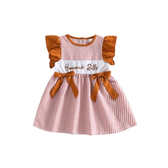 Cjfdfy Toddler Baby Girl Thanksgiving Dress Homemade Rolls Embroider Flying Sleeves Plaid Smocked Dress With Side Bows Little Baby Cute My First Thanksgiving Outfit 1-5T