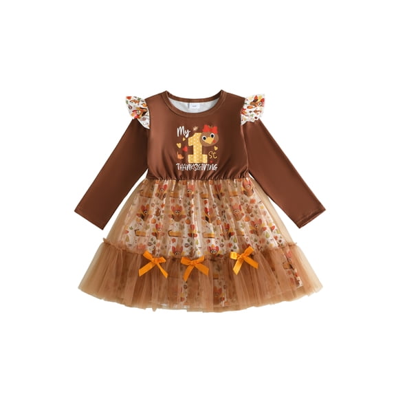 Cjfdfy Toddler Baby Girl Thanksgiving Dress Turkey Print Ruffle Long Sleeve Fall Layered Tulle Dress Little Baby Cute My 1St Thanksgiving Holiday Fall Winter Clothes 1-8Y