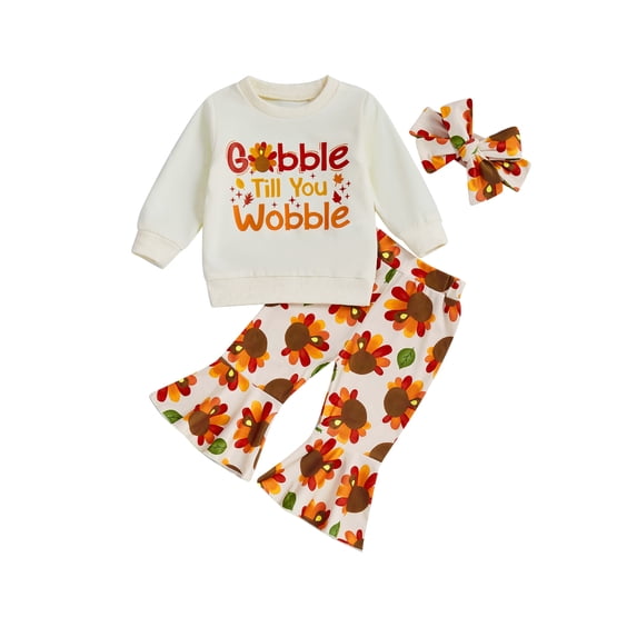 Cjfdfy Toddler Baby Girl Thanksgiving Outfits Baby Girls Fall Winter Clothes 6 12 18 24 Months 2 3 4 Years Cute Turkey Print Long Sleeve Sweatshirt Tops and Flare Pants Bell Bottom Headband Set