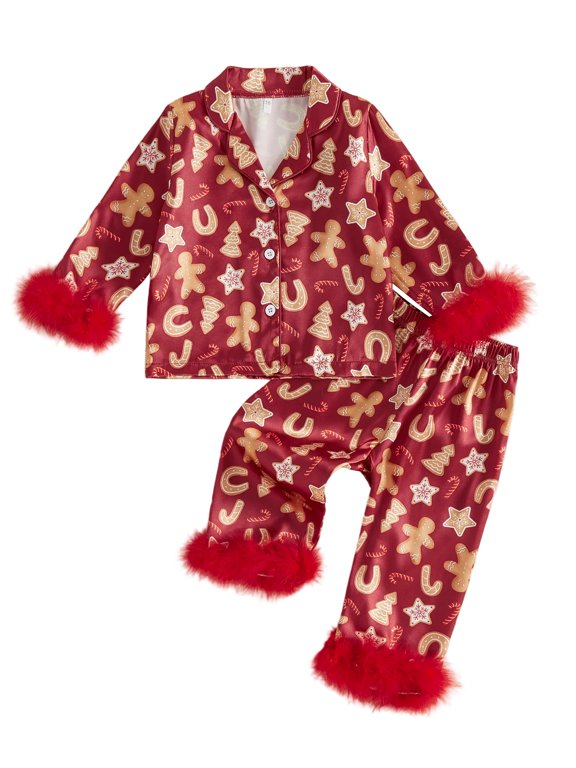 Toddler Baby Girls Boy Christmas Pajamas Set Christmas Santa Gingerbread Bow Print Satin Long Sleeve Fuzzy Trim Tops With Pants Cute Christmas Holiday Fall Winter Sleepwear