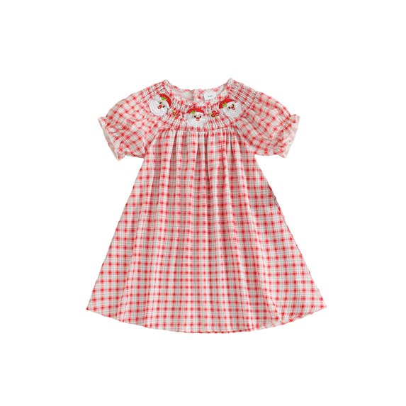 Cjfdfy Toddler Baby Girls Christmas Dress Outfit 2 3 4 5 6 Years Puff Short Sleeve Santa Claus Embroidery Plaid Gingham Dress Holiday Party Dress