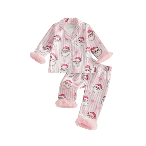 Cjfdfy Toddler Baby Girls Christmas Pajamas Outfits Pink Stripe Santa Print Long Sleeve Fuzzy Trim Tops And Pants Set Cute My First Christmas Fall Winter Sleepwear 1-6Y
