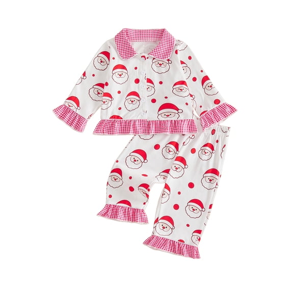 Cjfdfy Toddler Baby Girls Christmas Pajamas Set Christmas Print Gingham Ruffles Button-down Long Sleeve Tops And Pants Infant Cute My First Christmas Holiday Sleepwear 1-7Y