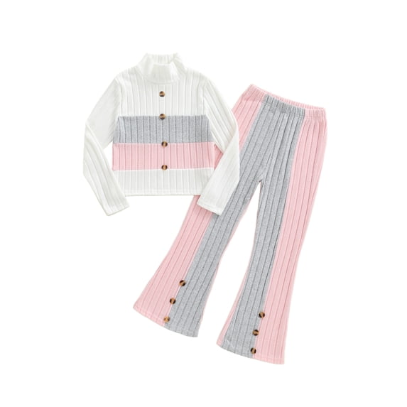 Cjfdfy Toddler Baby Girls Fall 2 Pieces Outfit Big Girls Spring Fall Winter Clothes 5 6 7 8 9 1 0 11 12 13 Years Decorative Buttons Mock Neck Long Sleeve Ribbed Shirt Tops and Flared Pants Set