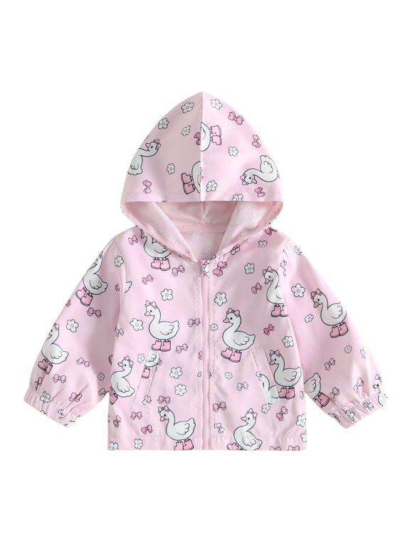 Toddler Baby Girls Goose Jacket Goose Flower Bow Print Long Sleeve Zip-up Hooded Casual Outwear Baby Outdoor Wear Baby Cute Fall Winter Jacket 6M-4Y 