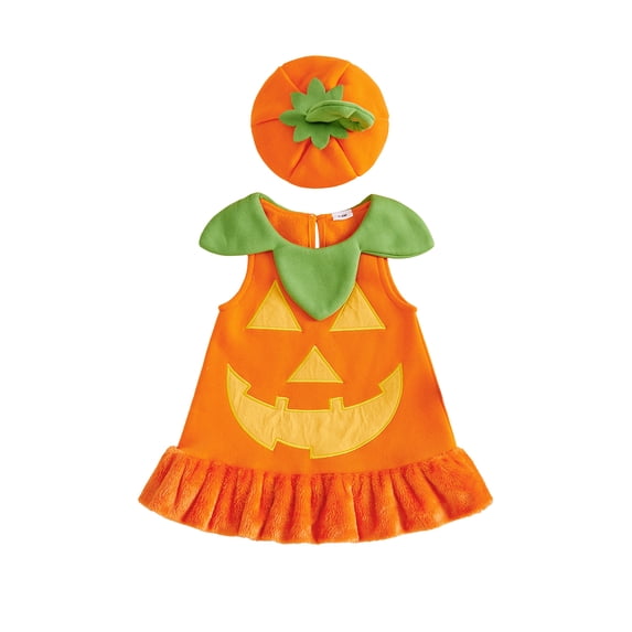 Cjfdfy Toddler Baby Girls Halloween Costume Pumpkin Ghost Fleece Sleeveless Cosplay Dress With Hat Little Baby Cute My First Halloween Holiday Dress Clothes 0-3Y